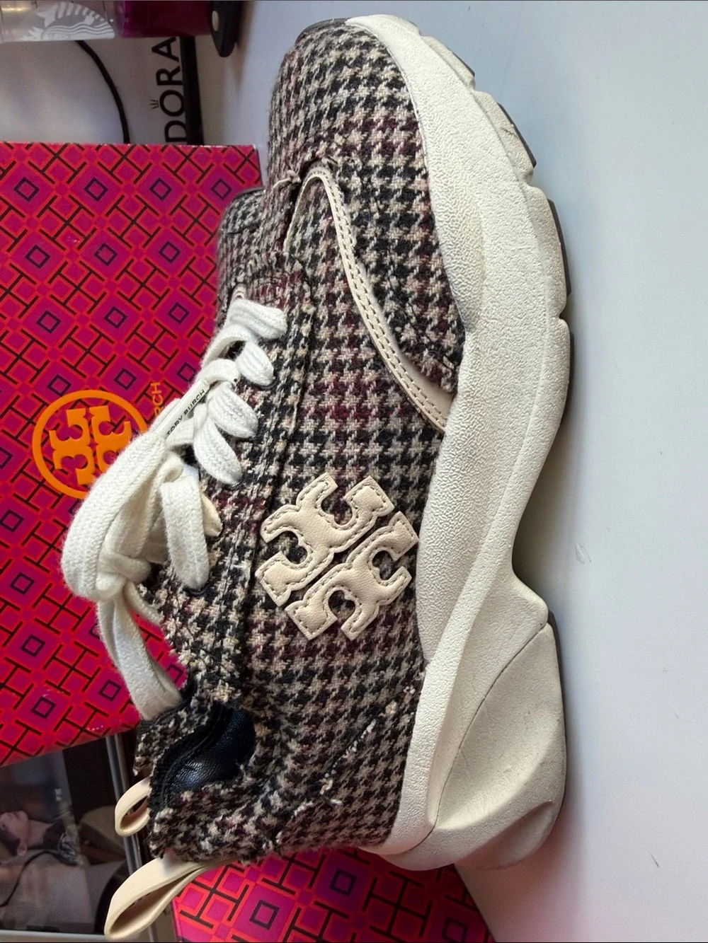Tory Burch Tweed Houndstooth Lace-Up Sneakers in Black, White & Burgundy